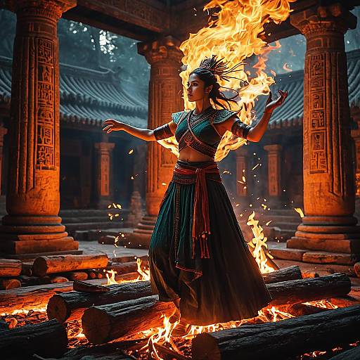 Fire Sage Dancing on Burning Logs in Ancient Temple