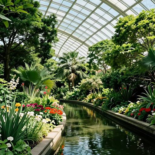 Photograph of a lush, sunlit indoor botanical garden with a curved glass ceiling, vibrant flowers, dense greenery, and a winding water channel.