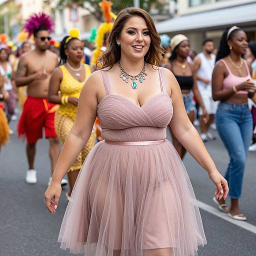 Photograph of a smiling, curvy woman in a pink, sleeveless, V-neck tulle dress with a turquoise necklace, walking in a colorful