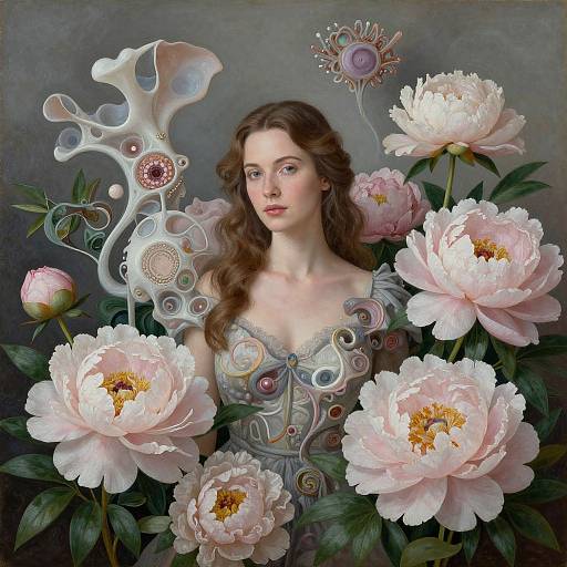 Digital painting of a fair-skinned, brown-haired woman with intricate, fairy-like armor surrounded by large, pink peonies and ornate, botanical