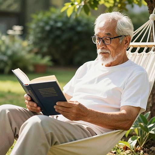 Elderly Man Reading in Garden Hammock