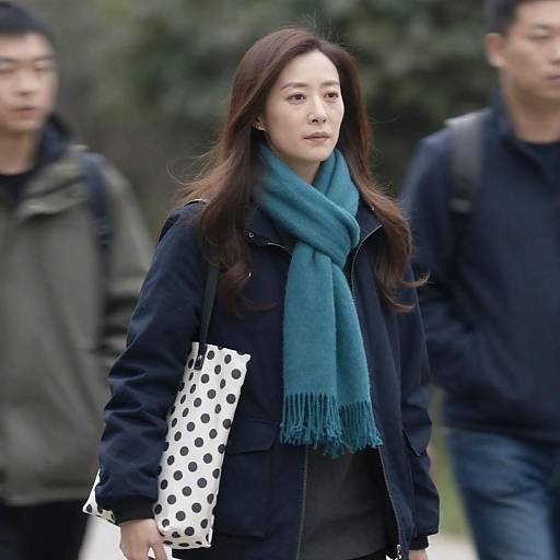 Asian Woman Walking with Polka Dot Bag
