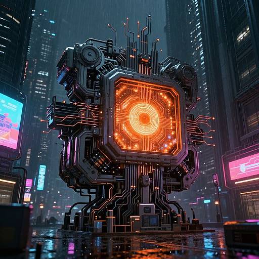 Cyberpunk cityscape at night with a glowing, orange, robotic cube emitting light at its center, surrounded by neon-lit skyscrapers and