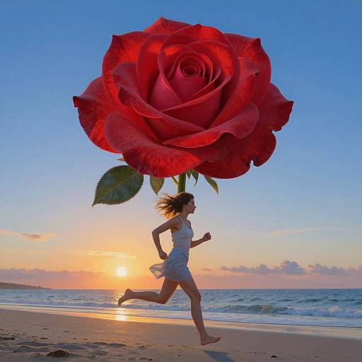 Photograph of a woman running on a beach at sunset, holding a giant red rose above her head against a vivid blue sky.