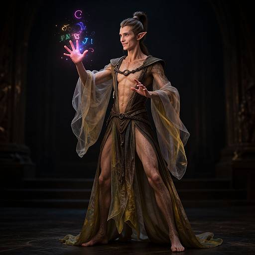 Photorealistic CGI of a muscular, elf-like mage with pointed ears, dark hair in a bun, wearing a sheer, black, medieval-style robe