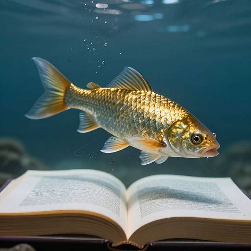 Photograph of a golden fish with shimmering scales swimming above an illuminated open book underwater, bubbles rising, creating a magical, surreal effect.