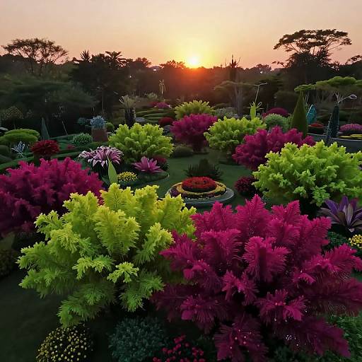 Photograph of a vibrant garden at sunset, featuring vivid green, pink, and magenta bushes, with a circular flower bed in the center and sil