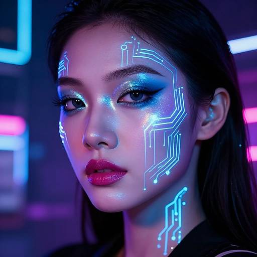 Photograph of a young Asian woman with glowing blue neon circuit patterns on her face, wearing bold blue eyeshadow and red lipstick, against a neon
