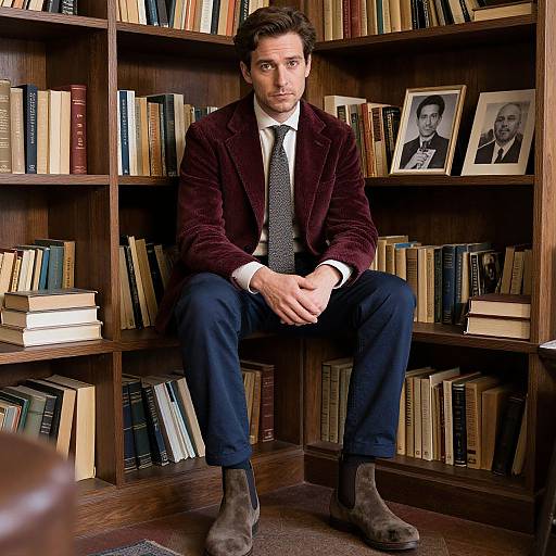 Photograph of a handsome, dark-haired man in a burgundy velvet blazer, black tie, and dark pants, sitting in a bookshelf-lined