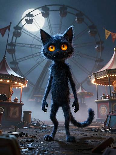 CGI image of a tall, black, fur-covered cat with glowing orange eyes standing in a foggy, moonlit carnival with a Ferris wheel