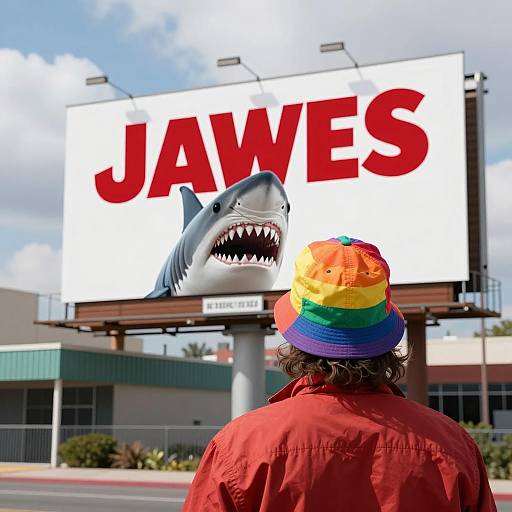 Person with Rainbow Hat Viewing Jaws Billboard