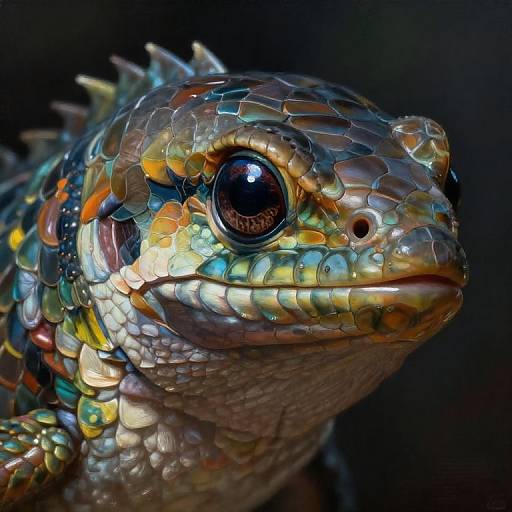 Close-up photograph of a vibrant, multicolored iguana with iridescent scales, large reflective eyes, and textured skin against a dark background