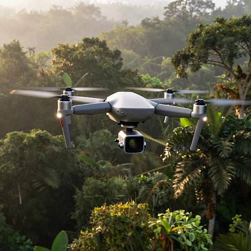 Photograph of a white quadcopter drone flying over dense, lush jungle with sunlight filtering through trees, highlighting green foliage.