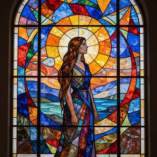 Vibrant stained glass window depicting a serene, long-haired woman in a blue dress, gazing at a colorful, sunlit, ocean landscape.