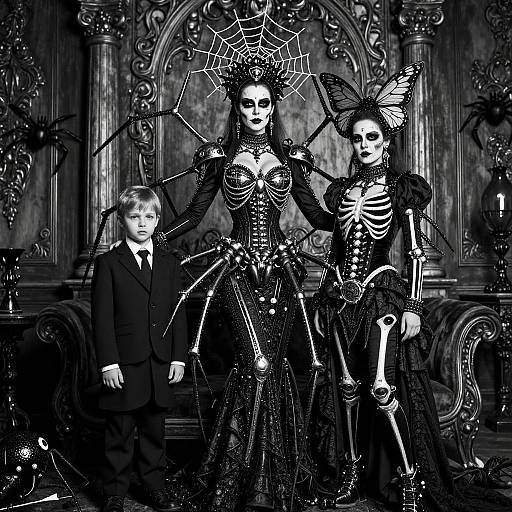 Black-and-white photograph of two Gothic, skeleton-themed women in elaborate dresses with insect wings, standing beside a young boy in a suit, in an orn