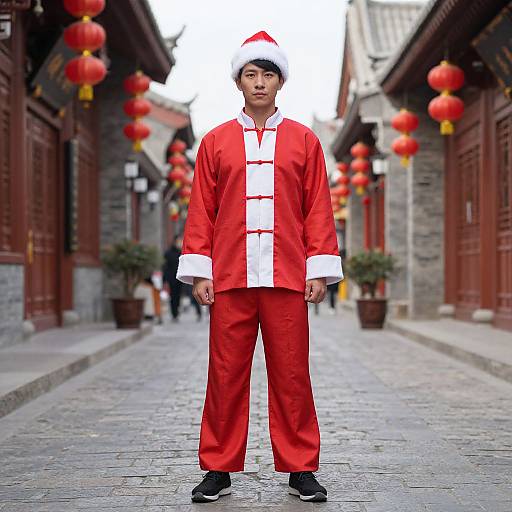 Photograph of an Asian man in a red and white Chinese outfit with a Santa hat, standing on a cobblestone street with red lanterns hanging