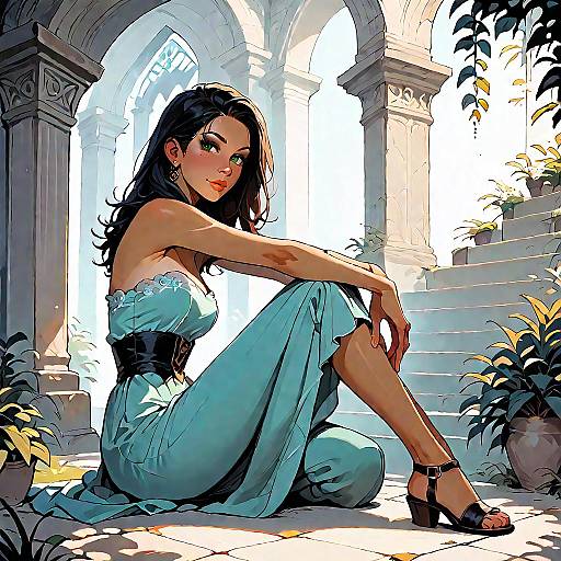 Stylish Woman in Strapless Maxi Dress Sitting on Stone Stairs