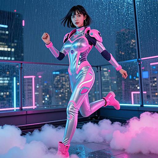 Neon-lit, cyberpunk woman in shiny silver and pink bodysuit runs on rooftop, surrounded by mist and rain, cityscape at night