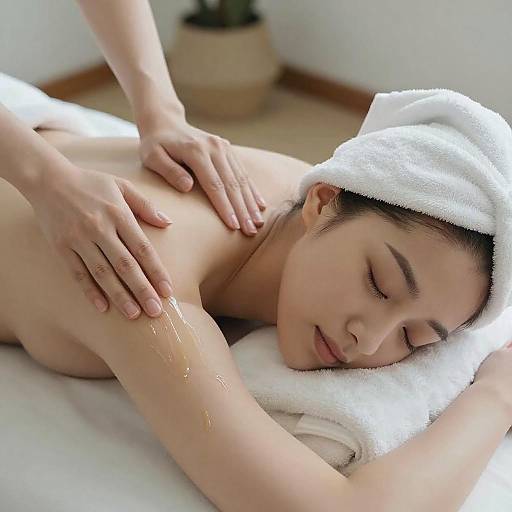 Woman Receiving Shoulder Massage with Lotion