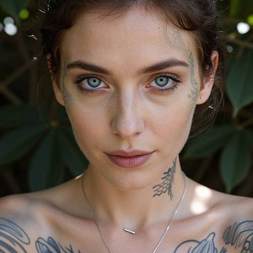Photograph of a fair-skinned woman with blue eyes, dark brown hair, and tattoos on her face and neck, wearing dark lipstick and a silver