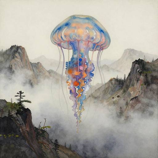 Digital painting of a vibrant jellyfish with orange and blue hues, floating above misty, mountainous terrain with sparse trees.
