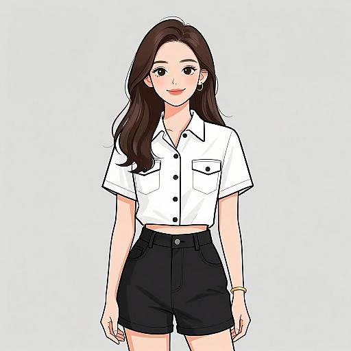 Digital anime-style drawing of a smiling young woman with long brown hair, wearing a white button-up shirt and black high-waisted shorts.