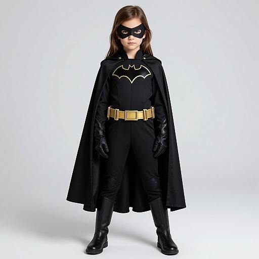 Photograph of a young girl in a black Batman costume with yellow belt, black gloves, boots, and mask, standing against a white background.