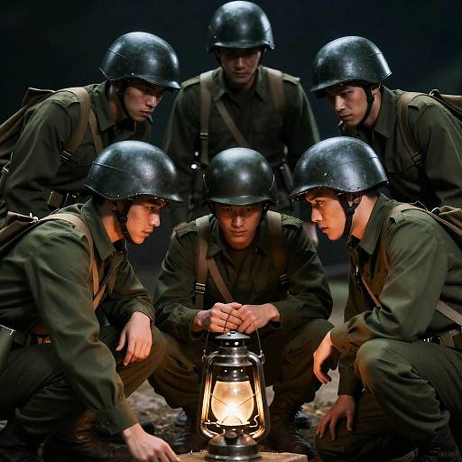 Intense Soldiers Gathering Around Lantern
