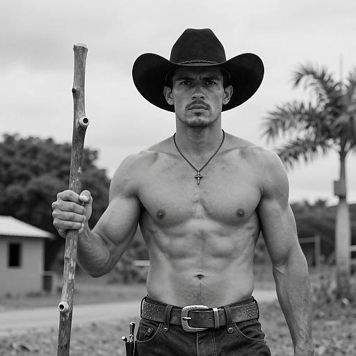 Shirtless Man in Cowboy Hat with Wooden Stick