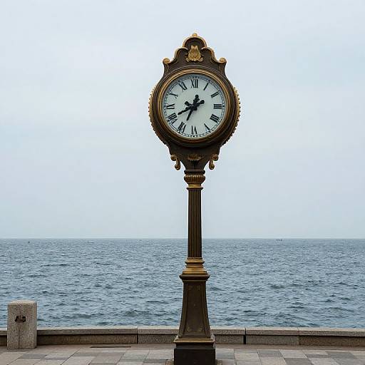 Vintage-style clock with ornate gold detailing, black and white face, stands on a seaside promenade, overlooking calm ocean waters.
