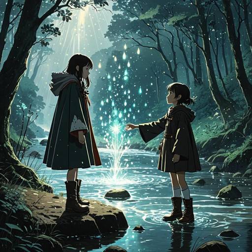 Girls Interacting with Luminous Water Sprite in Mystical Forest