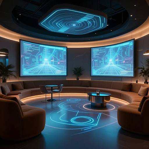 High-tech lounge with circular seating, illuminated blue circuit patterns on screens, glowing ceiling, and neon floor designs. Modern, futuristic design.
