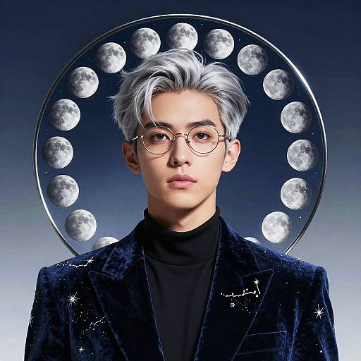 Digital portrait of a young Asian man with silver hair, round glasses, wearing a black turtleneck and dark velvet blazer, framed by a circular