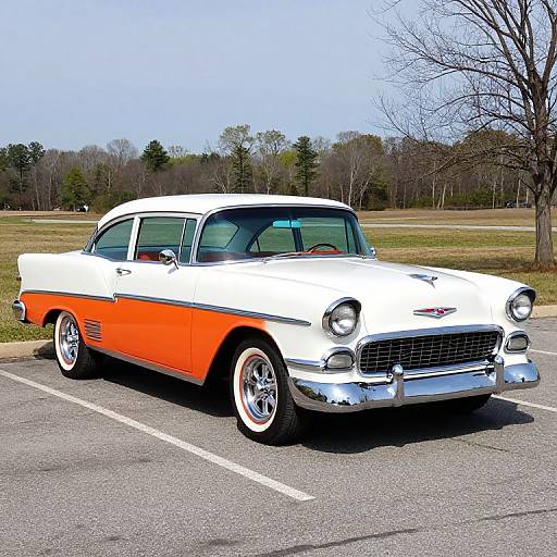 Photograph of a classic white and orange vintage Chevrolet sedan with chrome accents, parked in a sunny, empty parking lot.