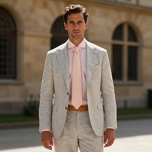 Confident Man in Linen Suit by Historic Building