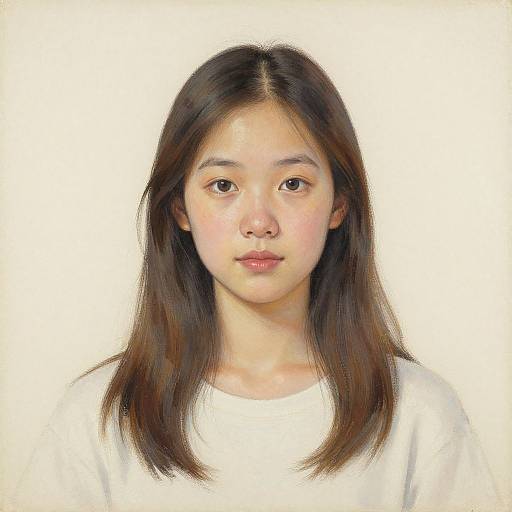 Digital portrait of a young Asian woman with straight, shoulder-length dark brown hair, pale skin, and neutral expression, wearing a white shirt against a plain