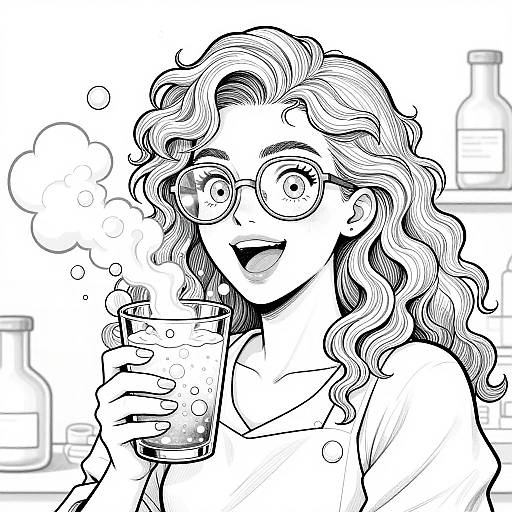 Black-and-white manga-style drawing of a smiling girl with wavy hair, round glasses, and a shirt, holding a glass of bubbly drink.