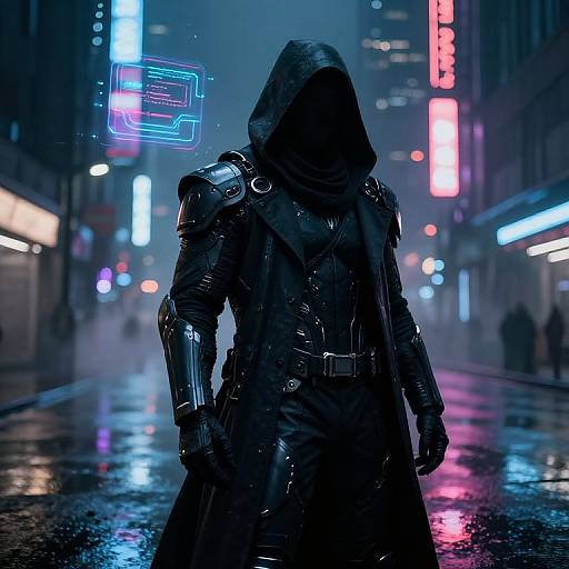 Cyberpunk scene: hooded figure in black leather armor and long coat stands on a rain-soaked neon-lit street, glowing neon signs in