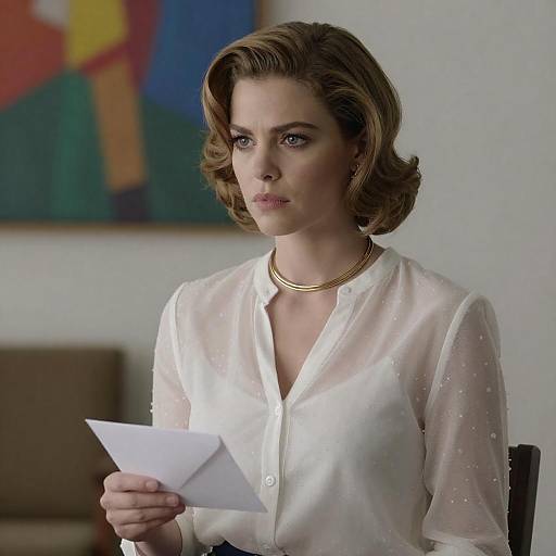 Woman with Envelope in Polka-Dot Blouse