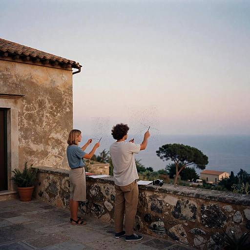 Photograph: Blonde woman and curly-haired man stand on stone terrace, spraying each other with water guns, overlooking sunset ocean view.