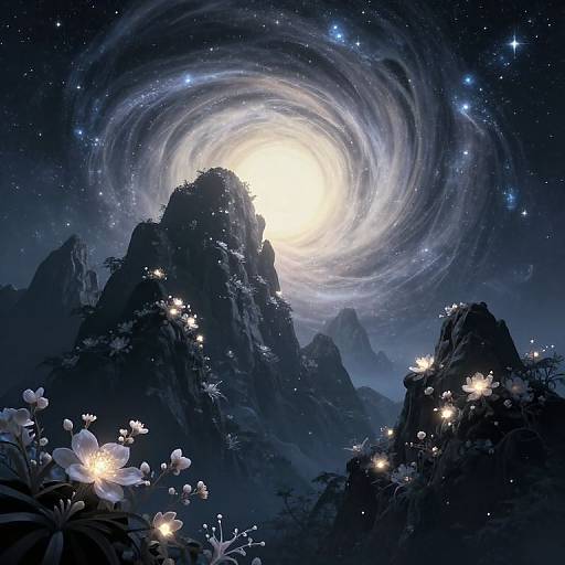 Digital fantasy artwork of a glowing, swirling galaxy over dark, rocky mountains with glowing flowers and luminescent fireflies in the foreground.