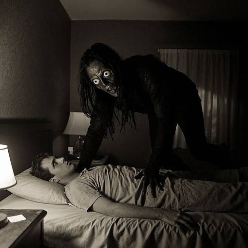 Photograph: Monochromatic, dark room. Silhouetted figure with long hair and menacing face leans over sleeping man on bed, illuminated by