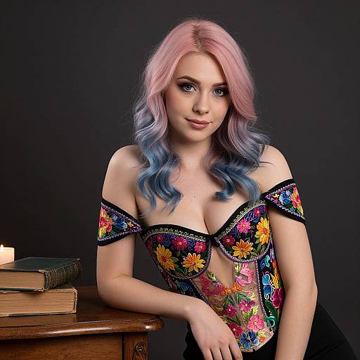 Photograph of a fair-skinned woman with pink-to-blue ombre hair, wearing an off-shoulder floral corset, standing against a
