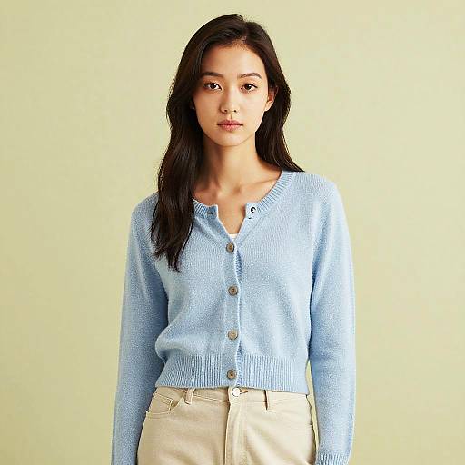 Photograph of an Asian woman with long black hair, wearing a light blue cardigan with buttons and cream-colored pants, standing against a plain light yellow