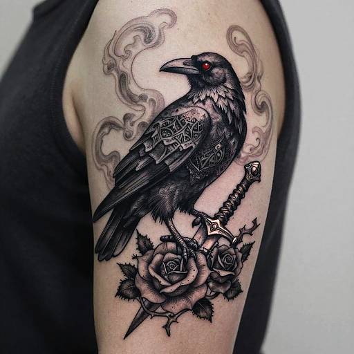 Tattoo of black raven with red eyes, intricate feather patterns, perched on sword with roses, surrounded by smoke, on upper arm.