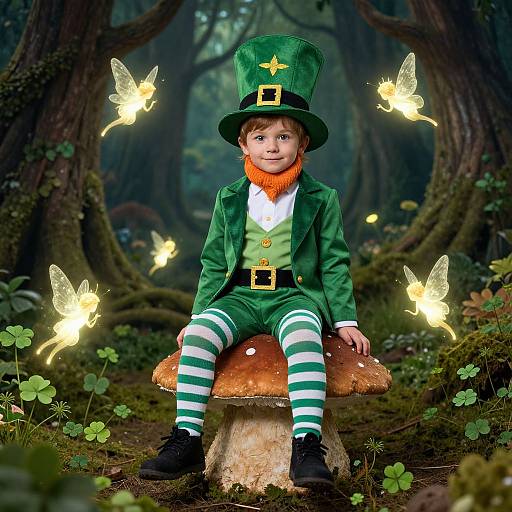 Photograph-style illustration of a young boy in a green leprechaun outfit, striped leggings, orange scarf, and top hat, sitting on a