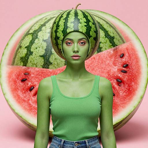 Digital art of green-skinned woman with watermelon head, green tank top, blue jeans, and pink background with large watermelon slice.
