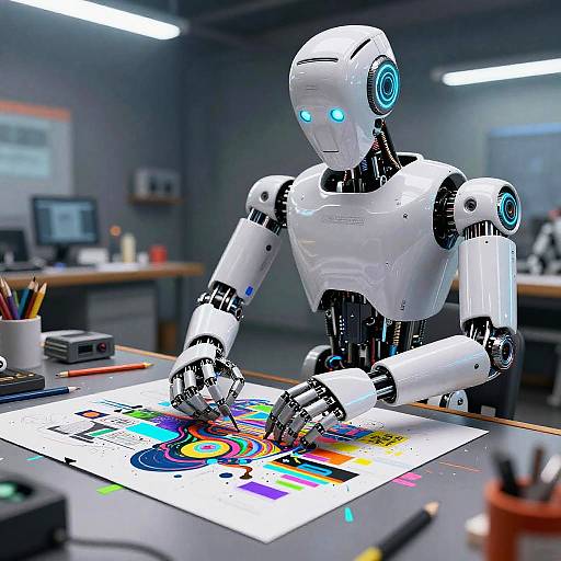 Humanoid AI Art Restorer in Workshop