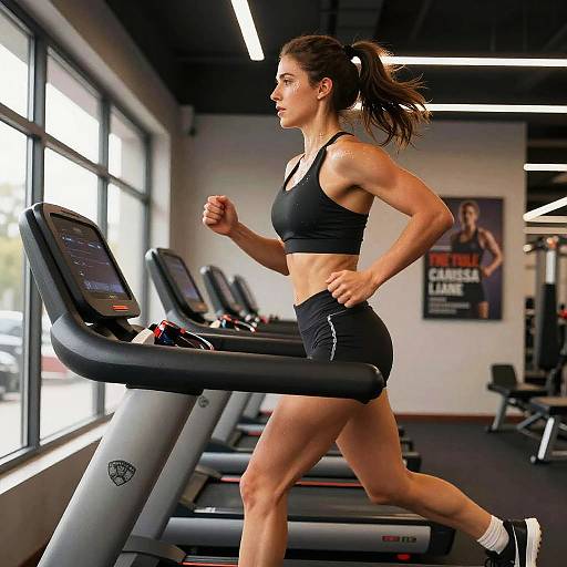 Photograph of a fit, brown-haired woman in a black sports bra and shorts running on a treadmill in a modern gym.