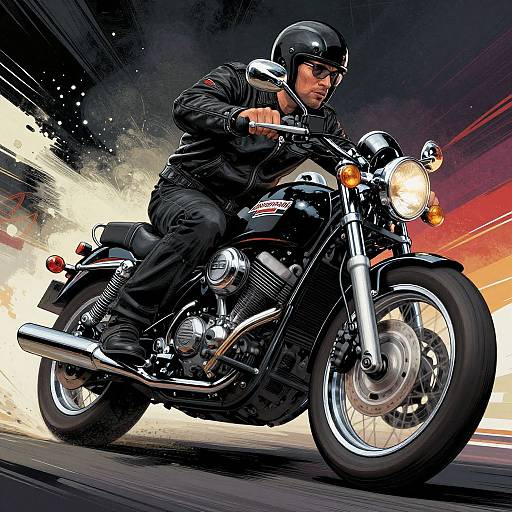 Dynamic digital illustration of a focused male motorcyclist in black gear, helmet, and leather jacket, riding a sleek black Harley-Davidson through a